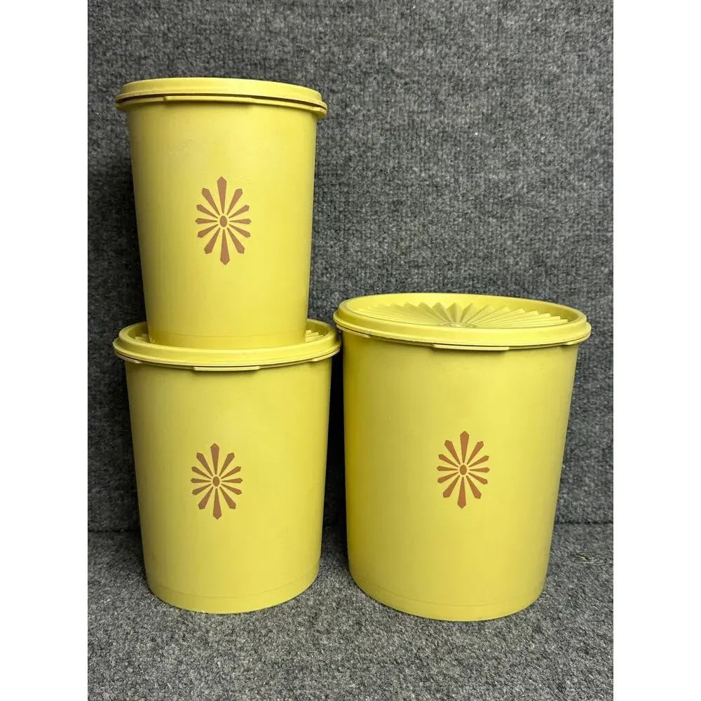 Vintage 70s Tupperware Servalier nesting canister set 3 starburst butter yellow